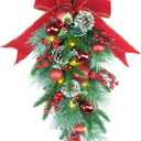 24" Pre-lit Decorative Teardrop Swag, Battery Operated Christmas Swag with Fairy Lights, Red Bowknot & Baubles, Pine Cones, Red Berries, Green Leaves Holly, Spruce Branches, Pine Needles (Red Bowknot)