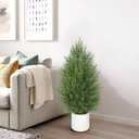 Briful 3ft Artificial Cedar Topiary Trees, Set of 2 Realistic Faux Cypress Outdoor Plants, Fake Front Porch Trees, UV Protection Patio Trees in White Pot for Outside