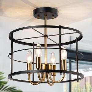 classy leaves Modern Semi Flush Mount Ceiling Light Fixture, 14 inch Drum Hallway Light Fixtures 4 Light Black Gold Close to Ceiling Light Fixtures for Bedroom, Kitchen, Entryway, Lving Room