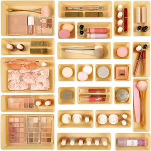 Vtopmart 25 PCS Plastic Drawer Organizers Set, 4-Size Versatile Bathroom and Vanity Drawer Organizer Trays, Storage Bins for Makeup, Bedroom, Kitchen Gadgets Utensils and Office (Beige)