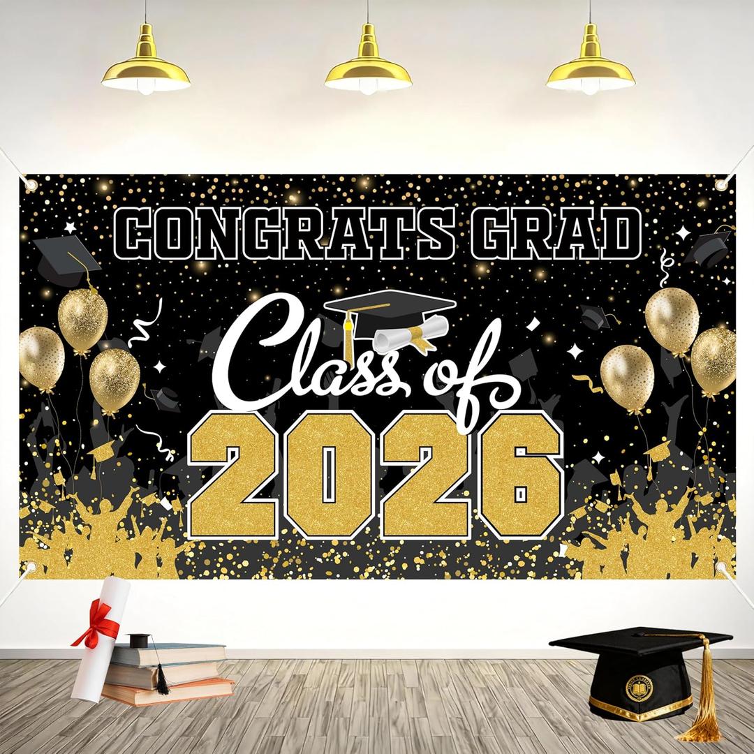 Class of 2026 Graduation Party Decorations Banner, Black and Gold Fabric Backdrop (Not Plastic), Congrats Grad Photo Booth Prop Background with Grommets for High School College Decor (63x35 Inch)