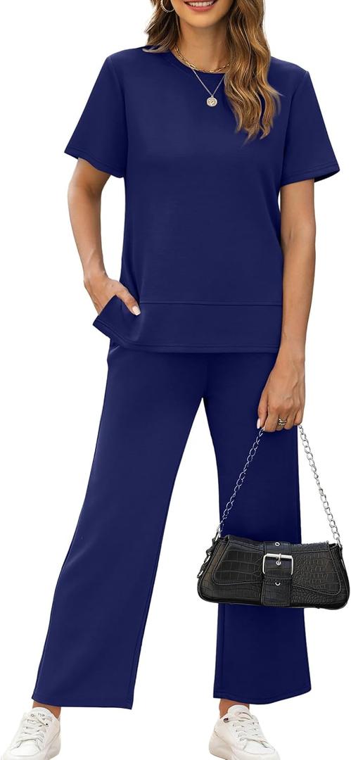 XIEERDUO Women's 2 Piece Lounge Set Fashion Travel Outfits Vacation Tracksuit Comfy Wide Leg Airport Loungewear S-3XL (Medium, Navy)