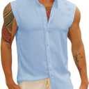 Bbalizko Mens Sleeveless Button Down Shirts Linen Cotton Summer Beach Basic Tank T-Shirt Tops (Medium)