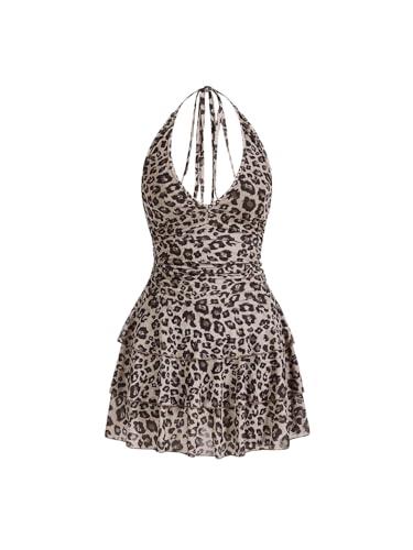 BEAUDRM Women's Y2K Leopard Print Halter Dress Sexy Ruched Tie Backless Tiered Layer Mini Dresses Cheetah Mesh Ruffle Dress, XL