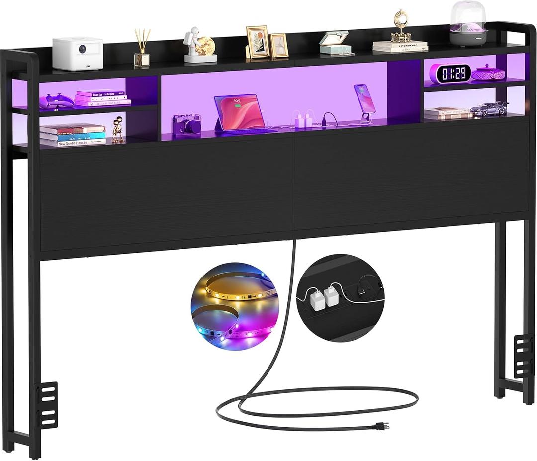 Aheaplus Headboard for Queen Size Bed with Storage, Headboards with LED Light, Power Outlets, USB Ports Queen Size Head Board, Wood headboard Only Sturdy and Stable Headboards, Modern, Black