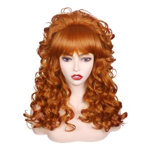 FantaLook 80s Long Curly Vintage Cosplay Wig with Bang for Women 60 70s Queen Costume for Halloween Party (Red Brown)