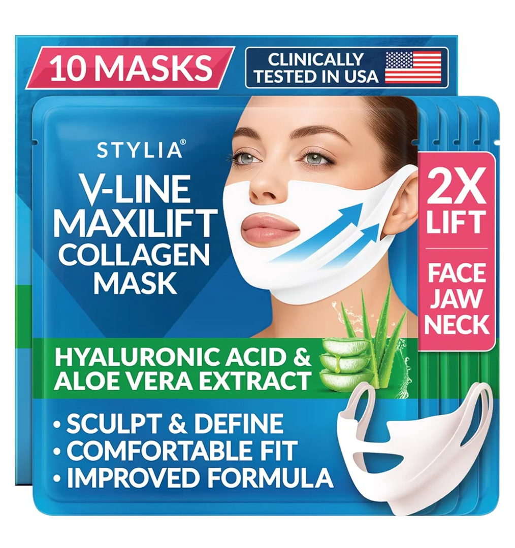 Stylia MaxiLift VLine Lifting Collagen Face Mask  Double Chin Strap  Jawline Shaper  Neck Firming and Tightening Mask with Hyaluronic Acid & Aloe Vera  Chin Strap for Sleeping (10PC)