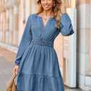 Simplee Womens Fall Denim Dress Casual Long Sleeve V Neck Empire Waist Ruffle A Line Flowy Short Jean Dresses with Pockets (Blue, S)