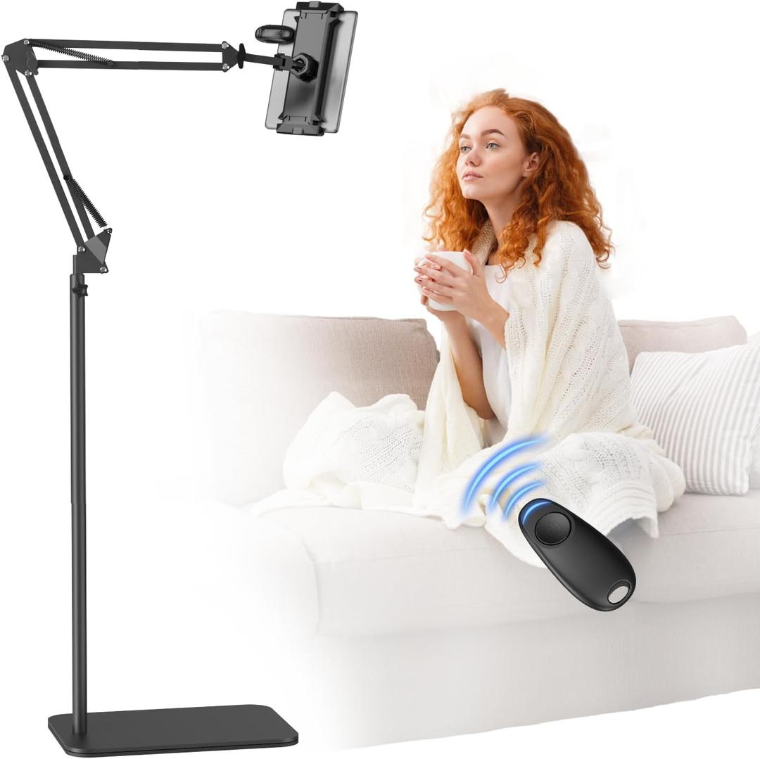 Floor Kindle Holder with Remote Page Turner for Reading in Bed, Tablet Stand with Universal Lazy Arm for Kindle Accessories, Phone, eReader, Tablet Holder with Click Page Turner for Hand-Free Reading