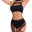 Women's Rave Outfits : 3Pcs Fishnet Lingerie Set with Cutout Top, Booty Shorts & Choker for Festival or Babydoll Nightwear (Black, S)