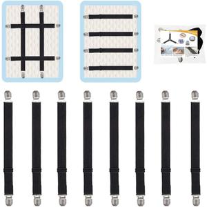 Adjustable Bed Sheet Straps Clips, Elastic Mattress Sheet Fasteners Holder and Suspenders, Grippers to Hold Sheet, Mattress, Sofa, Couch, Table Cloth, Ironing Board Cover, 8Pcs, Black