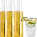 FOCUSLINE 100 Pack 12 oz Gold Rimmed Plastic Cups, 12 Ounce Clear Plastic Tumblers, Heavy-duty & Fancy Disposable Hard Cups with Gold Rim for Wedding