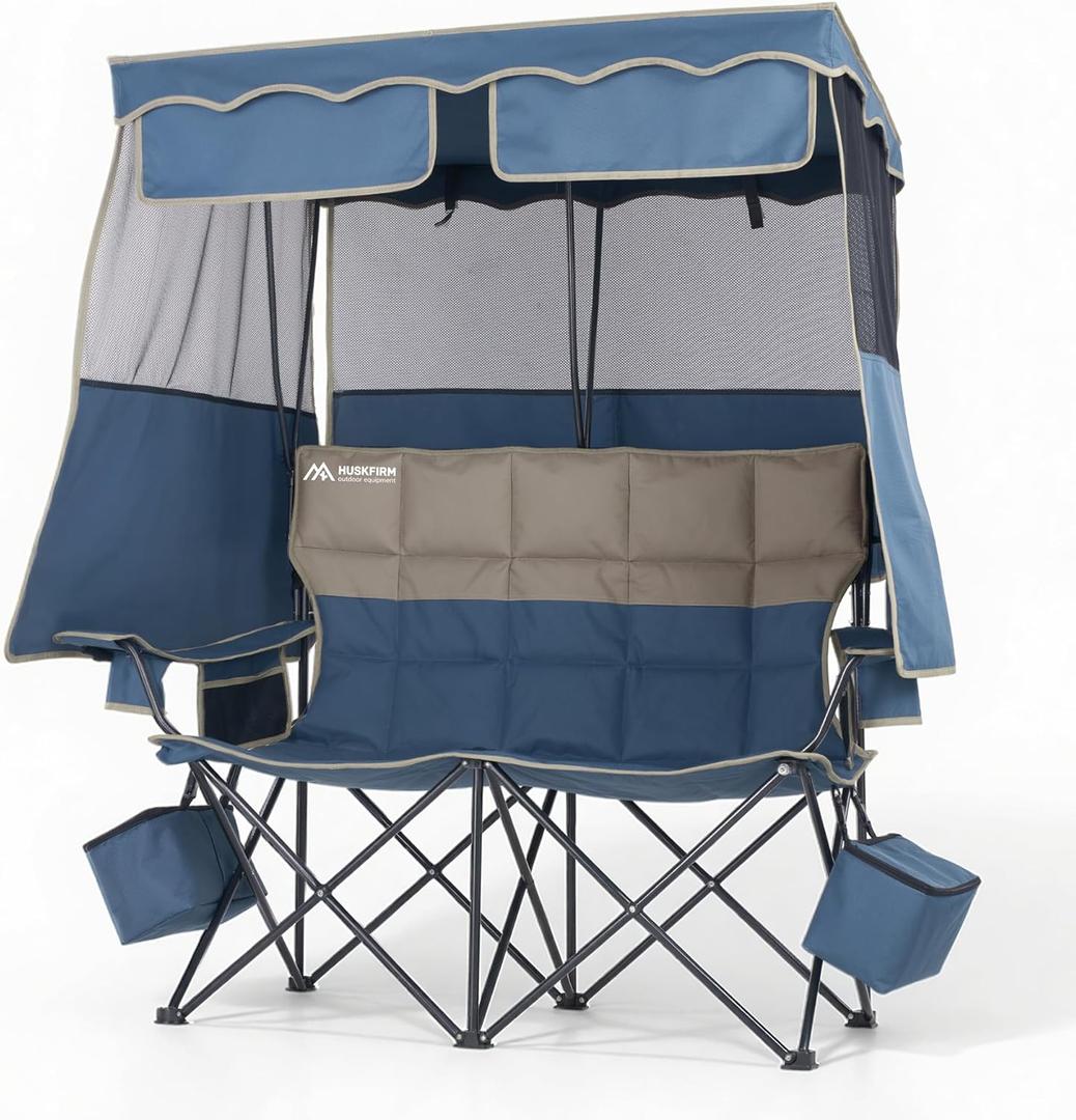 Double Beach Chair With Canopy Shade Camping Chair With Canopy Oversized Double Camping Chair With Canopy Folding Loveseat Chair With Two Cup Holders and Cooler Bag For Camping,Beach, Fishing (Blue)