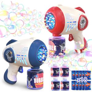 Eaglestone 2 Bubble Gun for Kids, Light Up Bubble Machine for Toddlers, 8 Hole Blower with 4 Refill, Automatic Bubble Maker for Bubble Blaster,Outdoor Toys, Birthday,Christmas Party Favor Gift (Blue,Red)