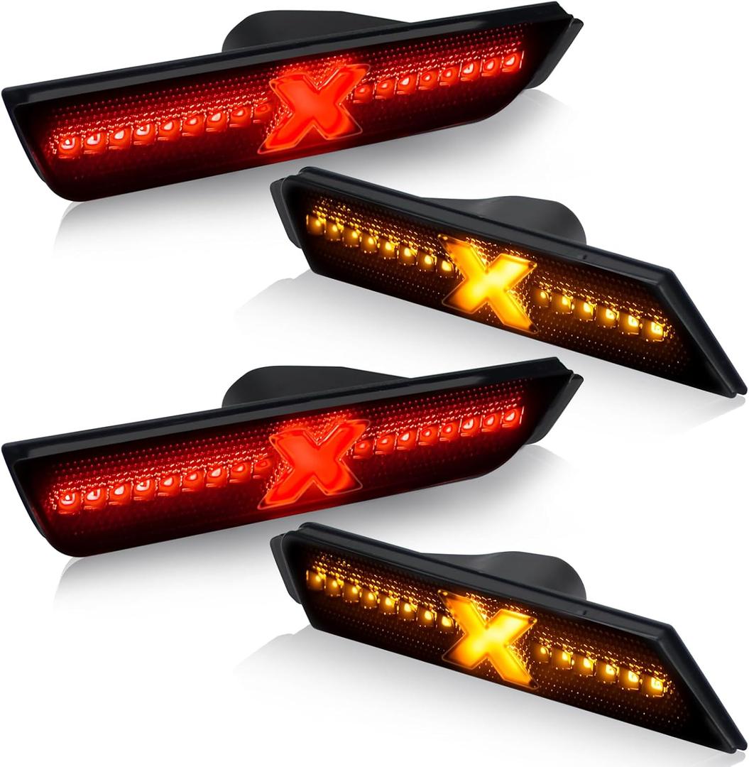D-Lumina LED Side Marker Lights Amber & Red Compatible for Chevy Camaro 2010 2011 2012 2013 2014 2015, X-Style Patent Pending Smoked Lens Front Rear Bumper Sidemarker Lamps Reflectors, Pack of 4