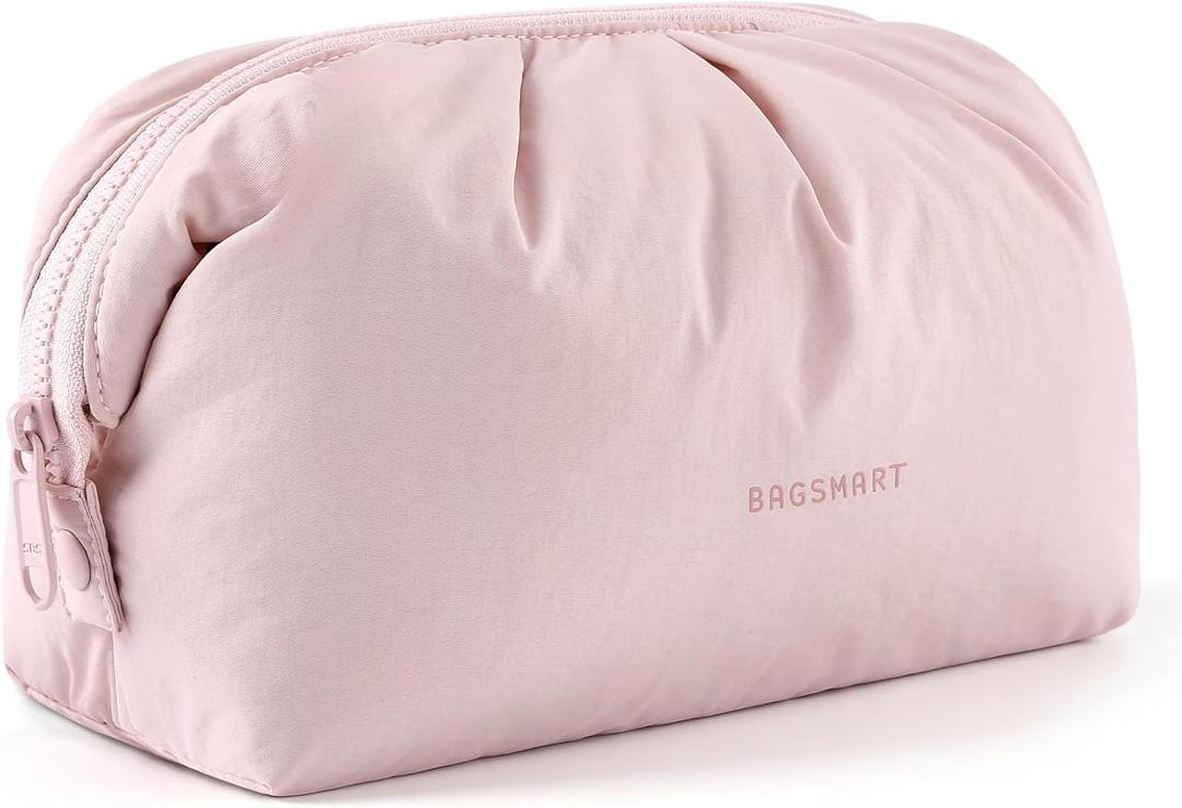 BAGSMART Makeup Bag Travel Toiletry Bag, Cute Make Up Bag, Large Capacity Cosmetic Bags for Women, Wide-open Makeup Pouch Travel Essentials Toiletries Accessories Brushes (Pink)