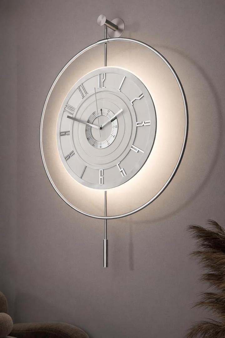 Large Luxury LED Backlit Wall Clock – Pendulum Roman Numeral Metal Ring, Silent Non-Ticking Decorative Clock for Living Room Bedroom Entryway, Modern Halo Glow (Crystal Silver)