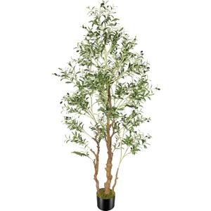 7.2ft Artificial Olive Tree (85in) with Plastic Nursery Pot Faux Olive Silk Tree, Fruits Fake Plant for Office House Farmhouse Living Room Home Decor (Indoor/Outdoor)