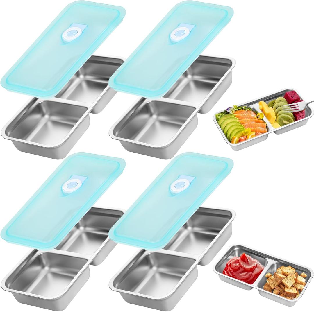 Loscarol 4 Pack Stainless Steel Snack Containers with Lids 20 oz Metal Double Compartment Reusable Snack Containers for Kids Dishwasher Safe Travel Food Storage Travel & Outdoor Camping