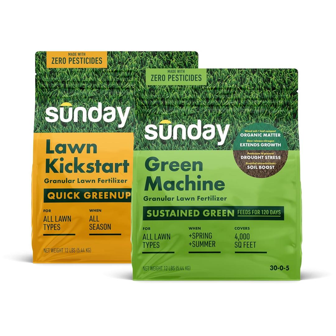 Sunday Lawn Kickstart + Green Machine Granular Lawn Fertilizer Mixed Pack, Quick Green-Up + Sustained Growth, 25-0-4 and 30-0-5 NPK, Zero Pesticides, (2) 12 lb Bags, Covers 4,000 sq ft (EXP 01/07/25)