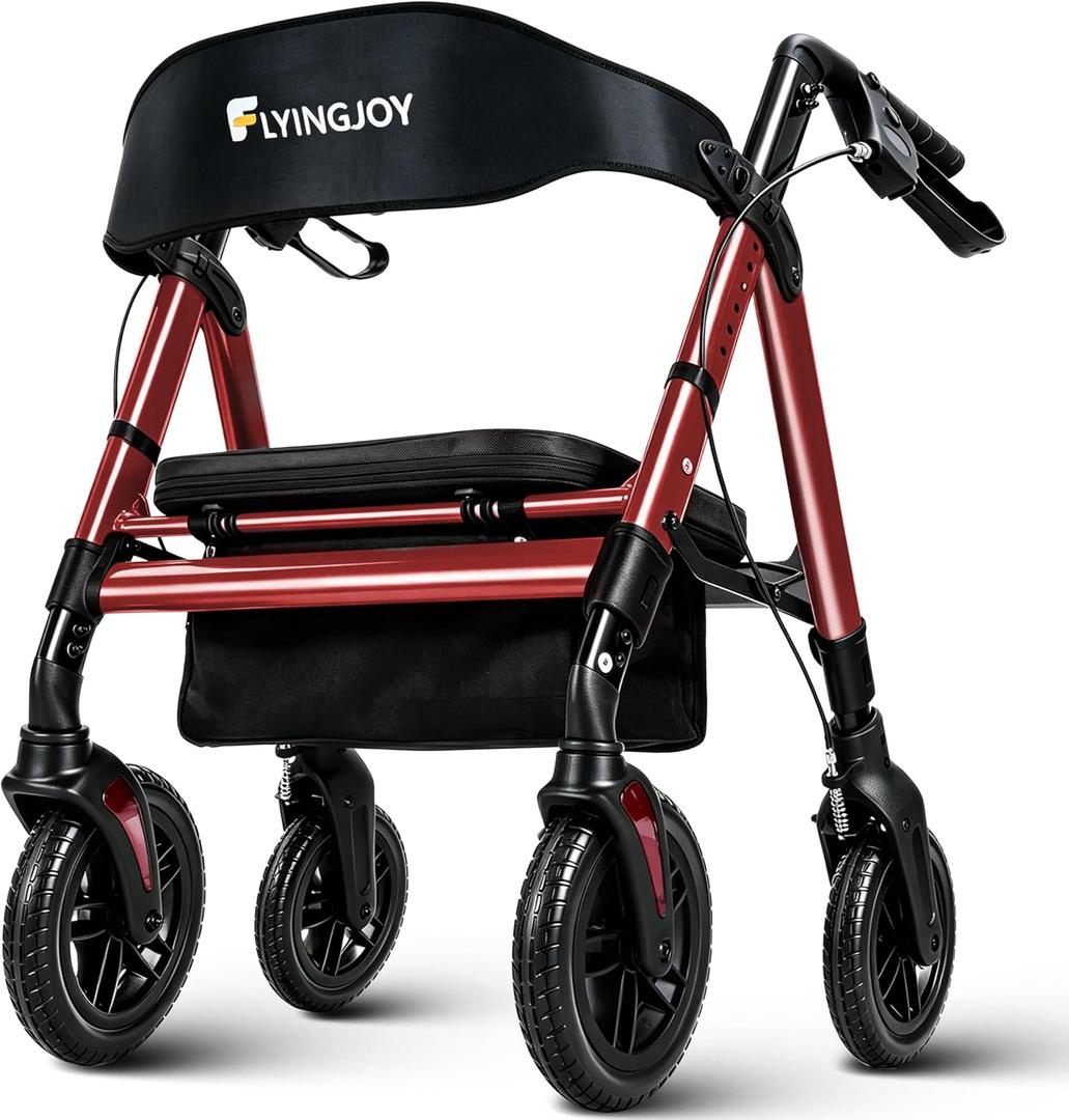 Walkers for Seniors with Seat,450Lbs Rolling Walker, 22" Extra-Wide Heavy-Duty Foldable All-Terrain Rollator Walker with Adjustable Ergonomic Breathable Seat,Brake,Adjustable Height 33"-41.5"(Red)