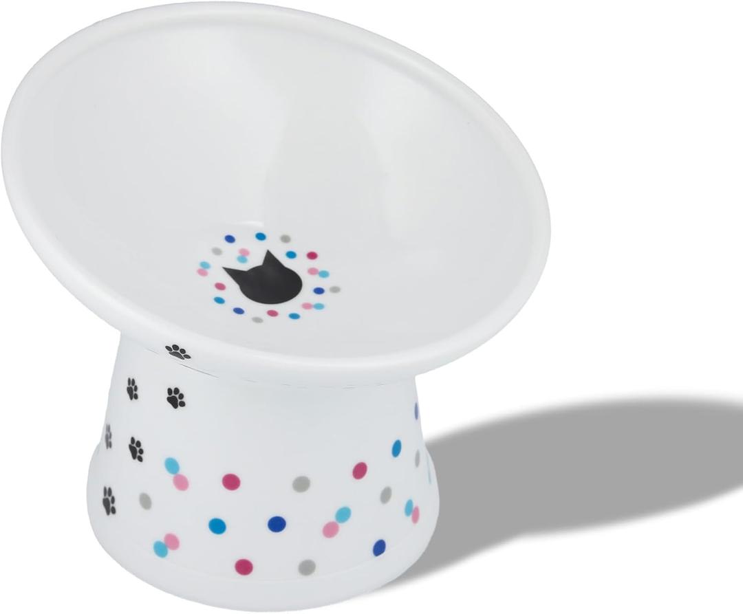 Necoichi Raised Cat Food Bowl Ceramic Elevated 15 Tilted Cat Bowl for Whisker Fatigue Dishwasher Microwave Safe, Non-Slip Anti Vomiting Design (Colorful Dots, Extra Wide Tilted, 1.5-Cup Capacity)