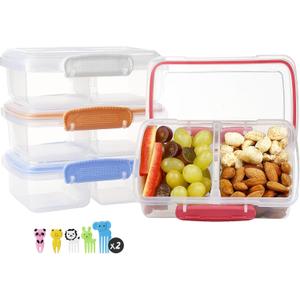 4 Pack Plastic Snack Containers with Lids, 2 Compartment Food Container for Kids Snack Box, Travel Bento Lunch Containers with forks for Fruits/Candies, Divided Food Storage Containers for School (New-Blue)