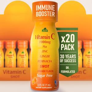 ALFA VITAMINS Vitamin C Shot 1000mg with Zinc, Ginger & Echinacea Supports Immune Health & Daily Wellness Orange Flavor 2.4 FL Oz Bottle 20 Pack