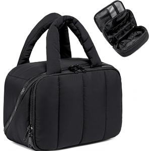 CAMTOP Travel Toiletry Bag for Women Travel Toiletry Organizer Lightweight Large Wide-open Makeup Bag Large Capacity Qulited Cosmetic Bag Puffy for Essentials Organizer (Black)