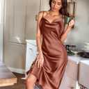 Ekouaer Womens Satin Nightgown Sexy Lingerie Sleepwear Spaghetti Strap Cowl Neck Elegant Long Slip Satin Silk Midi Dress (Brown, L)