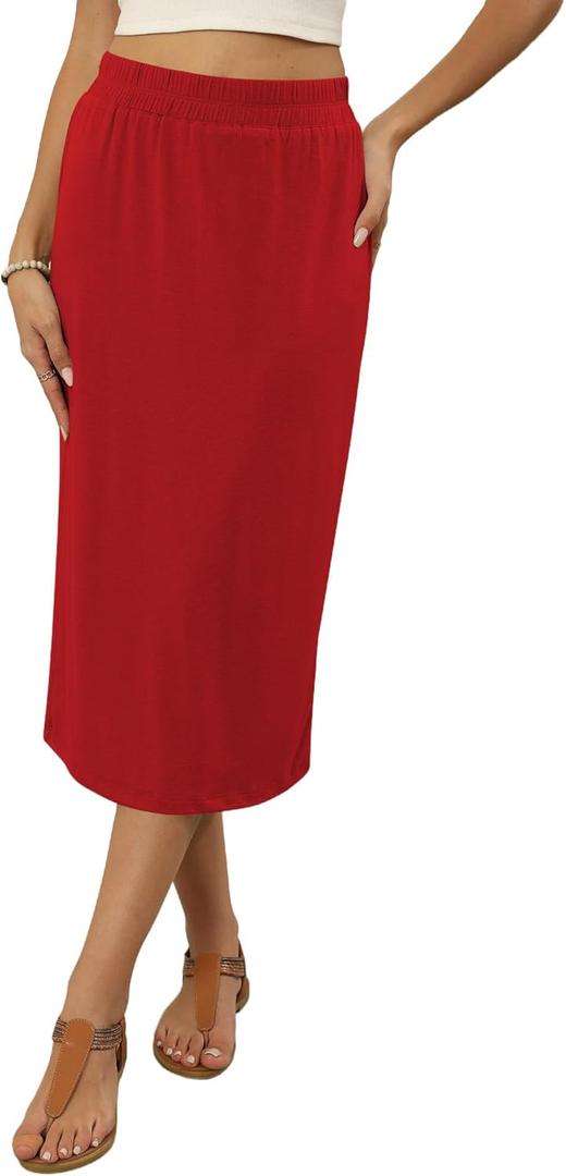 Naggoo Midi Skirts for Women Summer Elastic High Waisted Basic Straight Skirt with Slit (Red, M)