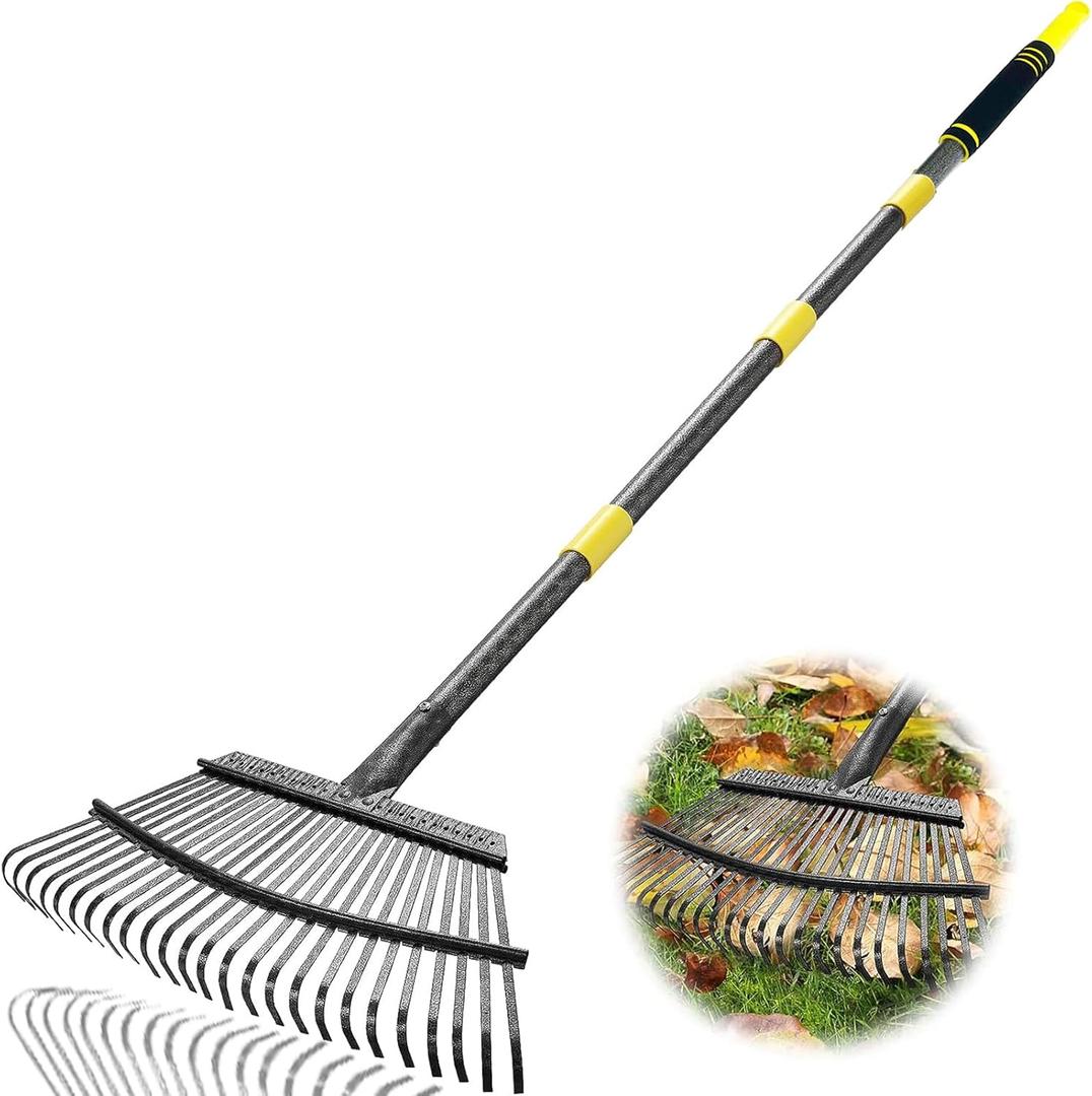 Garden Leaf Rakes, 6FT Rake for Lawns Heavy Duty 25 Metal Tines 18.5 inch Wide, Adjustable Steel Handle, Rakes for Leaves, Gathering Shrub, Grass, Yard