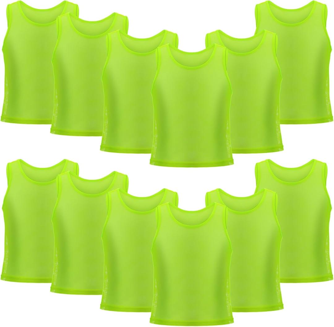CIATBYYJ 12Pcs Youth Pinnies Scrimmage Vests, Sports Pennies for Youth Adults Soccer Basketball Scrimmage Training Vests,Team Sport Practice Jersey Chartreuse, 12 years old