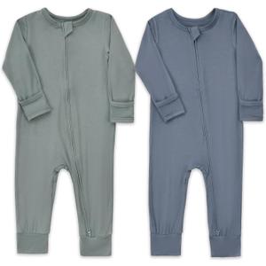 Aablexema Baby Footless Pajamas Zipper with Mitten, Rayon from Bamboo, Infant Long Sleeve Romper Pjs (18-24 Months, Olive & Moonlight Blue)