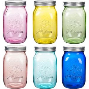 Amzcku 32 OZ Colored Mason Jars with Lids, 6 Pack Wide Mouth Quart Canning Jar, Safe for Storage, Pickling, Preserving, Fermenting, DIY Crafts & Decor