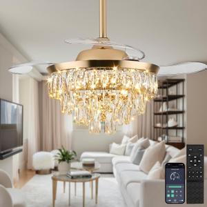 36 inch Modern Crystal Ceiling Fan with Lights and Remote LED Dimmable Fandelier Invisible Retractable Ceiling Fan 3 Blades 6 Speeds for Bedroom Living Room Dining Room(Gold)