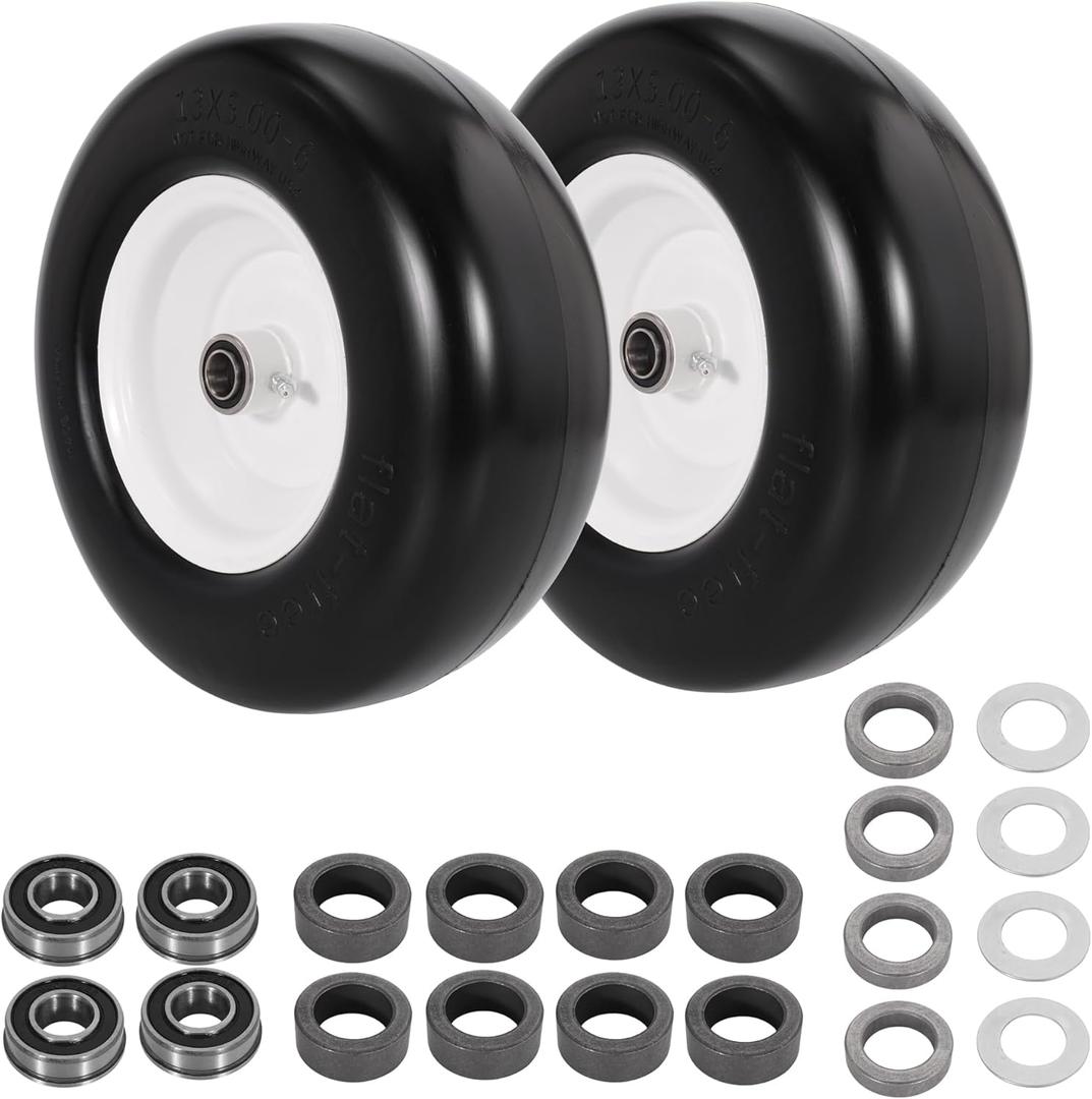 13x5.00-6 Flat Free Lawn Mower Tire and Wheel, 13x5x6 Zero Turn Mower Front Tires, Smooth Tread Premium PU Solid Mower Tire with White Wheel, 3/4"&5/8" Ball Bearing, 3.15-5.65" Centered Hub