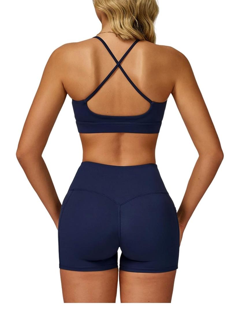 Women 2 Piece Workout Set Spaghetti Straps Cross Back Sports Bra V High Waist Biker Shorts Gym Outfit with Pocket, XS