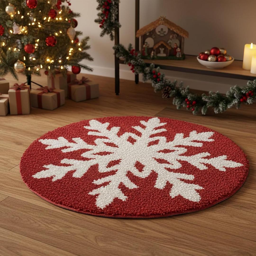 Christmas Bath Rug, 24x24" Red Snowflake Round Bathroom Mat, Extra Soft & Absorbent, Machine Washable Non Slip Shower Mat, Winter Themed Xmas Plush Bathroom Floor Rug for Holiday Dcor Snow Bath Rug