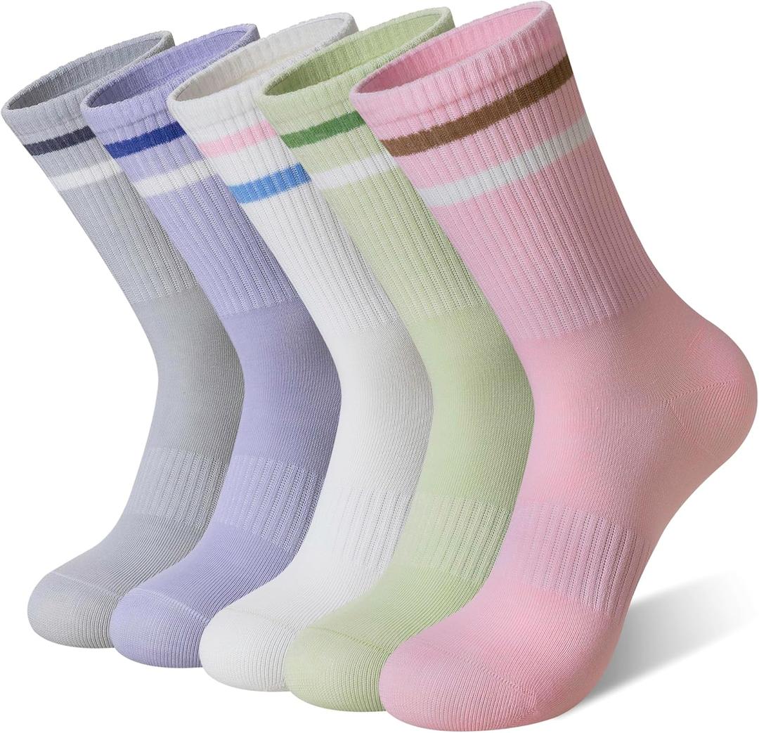 SeeyAN Womens Crew Socks Athletic Casual Cotton Long Socks Stripe Sport High Socks 5 Pairs, 6-9