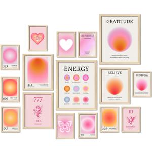 16 PCS Aura Angel Numbers Room Decor, Wall Art Prints for Bedroom, Posters for Room Aesthetic, Wall Collage Kit Pictures for Living Room, Inspirational Quotes, Cute Trendy Dorm Gallery Home (11"x14" Unframed, Pinkish-orange)