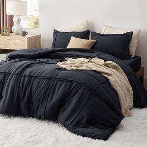 Bedsure Full Comforter Set with Sheet - 4 Pieces Soft Black Bedding, Grid Pinch Pleat, All Season Lightweight Fluffy Bed Set with Solid Boho Comforter, Pillowcases & Sheet (03 - Black (No Flat Sheet))