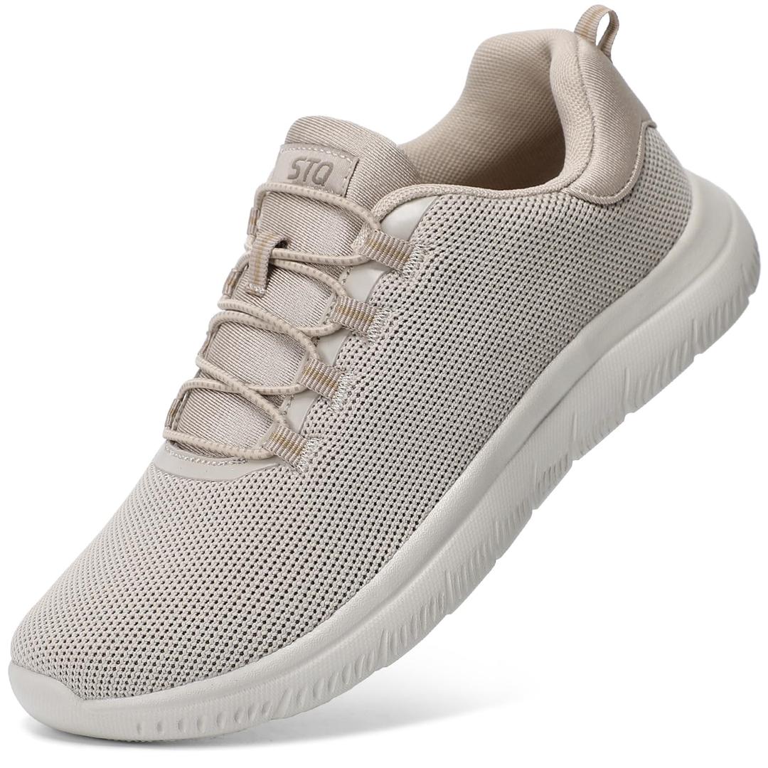STQ Slip on Shoes for Women Comfy Mesh Running Shoes with Memory Foam Athletic Tennis Shoes Light Grey Pink US 9.5