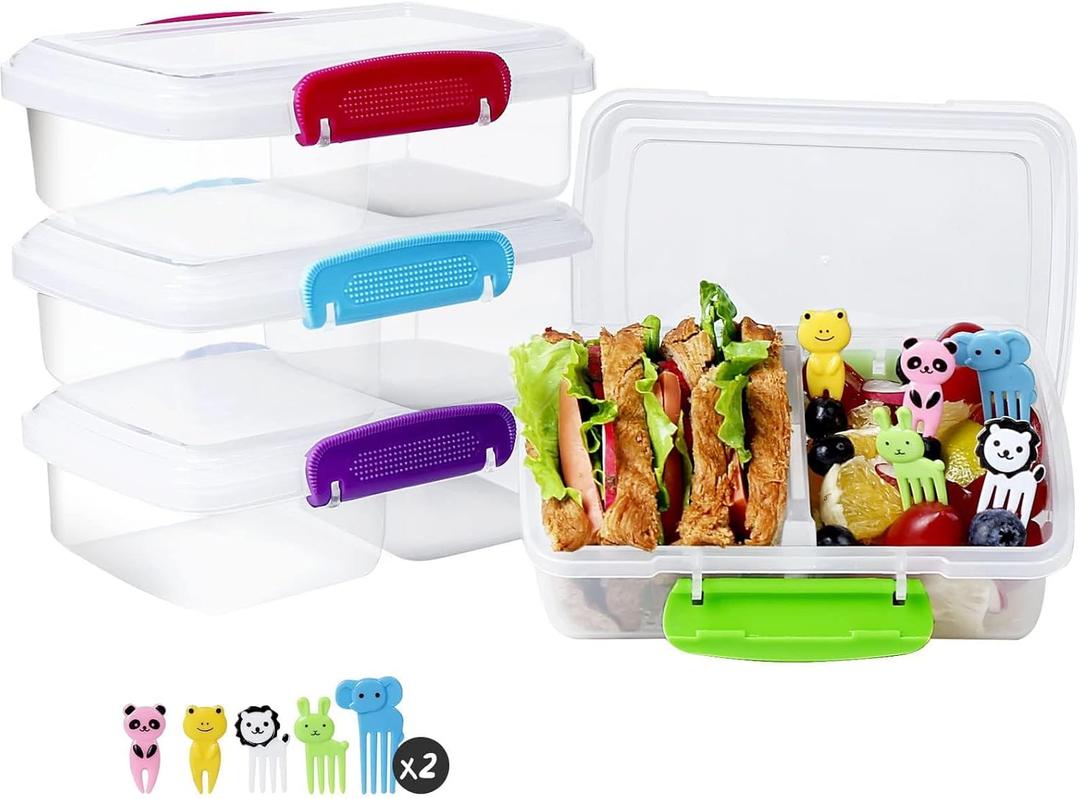 4 Pack Plastic Snack Containers with Lids, 2 Compartment Food Container for Kids Snack Box, Travel Bento Lunch Containers with forks for Fruits/Candies, Divided Food Storage Containers for School (Bright-Color)