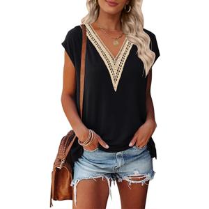 MEROKEETY Women's Boho Cap Sleeve Lace Trim V Neck Tops 2026 Summer Casual Loose Beach Vacation Tee Shirts Blouse, M, Black