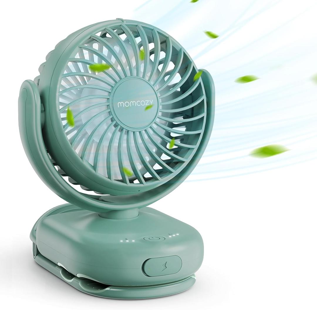 Momcozy Portable Stroller Fan with Clip | 4-Speed Mini-Fan for Carrier | Personal Fans Ultra Light 0.26lb | Gaps 4.5mm | Handheld Cooling | Rechargeable Rotate for Diaper Backpack/Table/Chair (Deep Green)