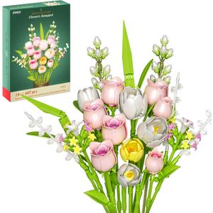 Tulip Rose Flowers Building Sets, Valentine's Day for Her, Flower Bouquet Compatible with Lego Flowers, Gift for Adults Mother Women Girl Girlfriend, Plant Botanical Collection Home Decor