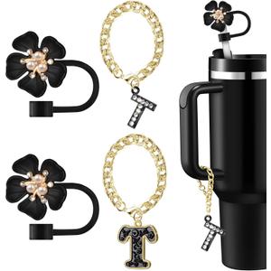 Straw Covers for Stanley Cup Accessories: Black Decorations for Stanley 30 oz & 40 oz Tumbler with Handle, Bling Letter Charms and Flower Silicone Straw Cap Topper, Trendy Stuff for Teen Girls & Women
