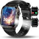 Military Smartwatch for Men, LED Flashlight Bluetooth Call IP68 Waterproof Heart Rate Blood Oxygen Sleep Tracker Fitness Pedometer Android iOS Compatible - Ideal for Hunting Hiking Extreme Sports (Black)