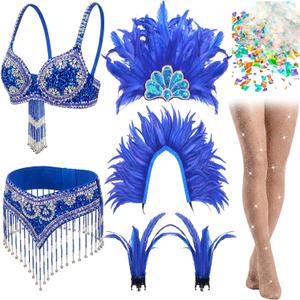 Canlierr 7 Pcs Women Feather Belly Dance Costume Outfit Set Bra Belt Feather Shawl Cape Headdress Wrists Sparkly Fishnets Stockings Shiny Confetti for Cosplay Showgirl Halloween Samba Carnival Party Medium
